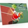 tennis christmas card with santa serving a brussel sprout