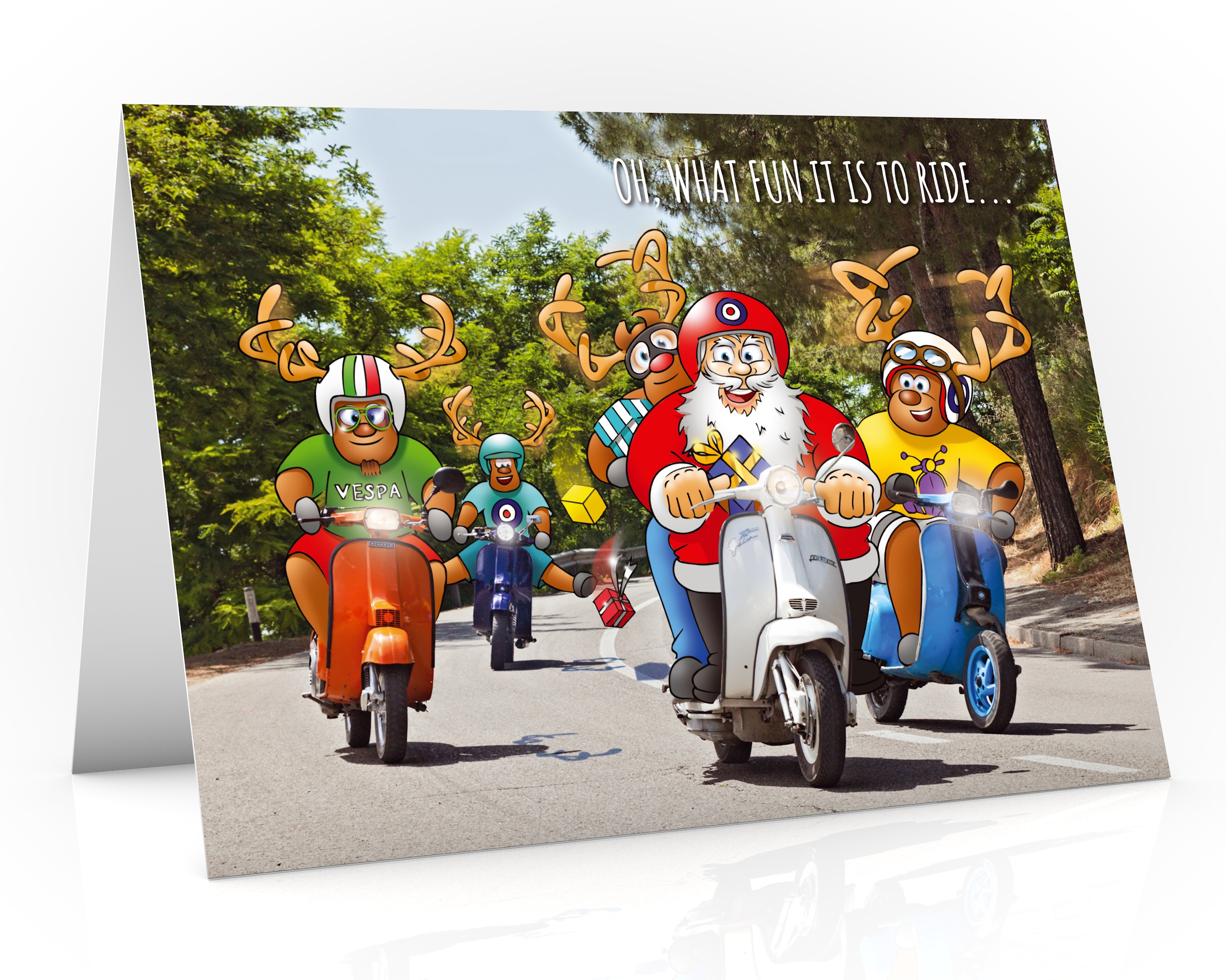 moped christmas card santa and reindeers riding on vespa and lambretta single card