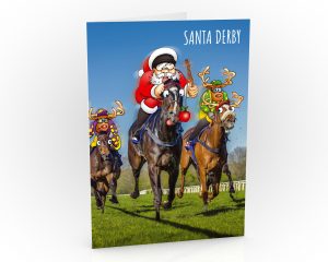 horse racing christmas card santa leading the race single card