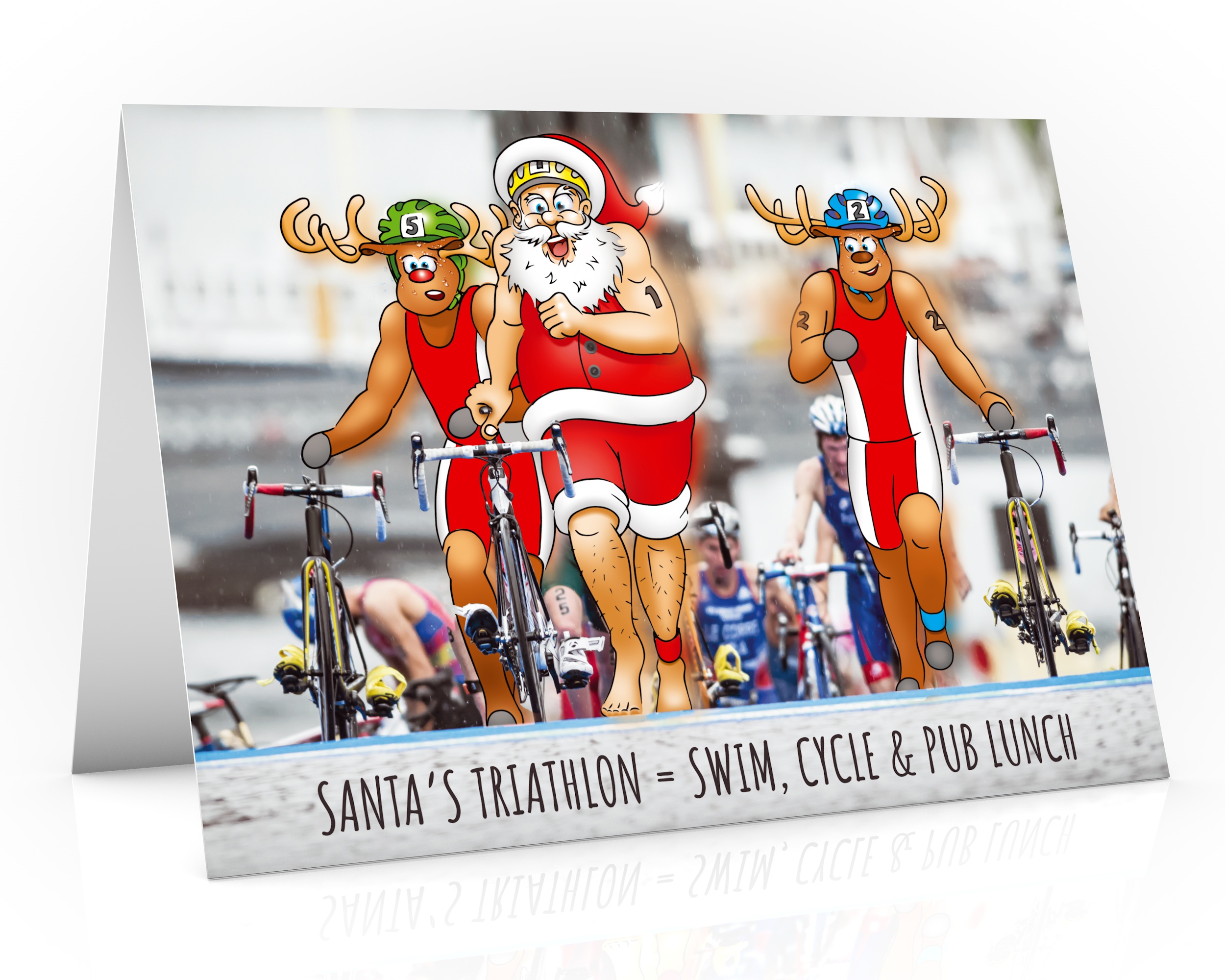 triathlon christmas card santa running with bike single card
