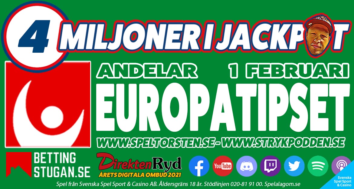 Europatipset Onsdag 1 Februari - 4 MILJONER JACKPOT