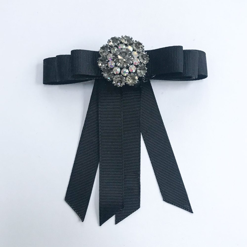 Vintage brooch white pearls diamonds black ribbon