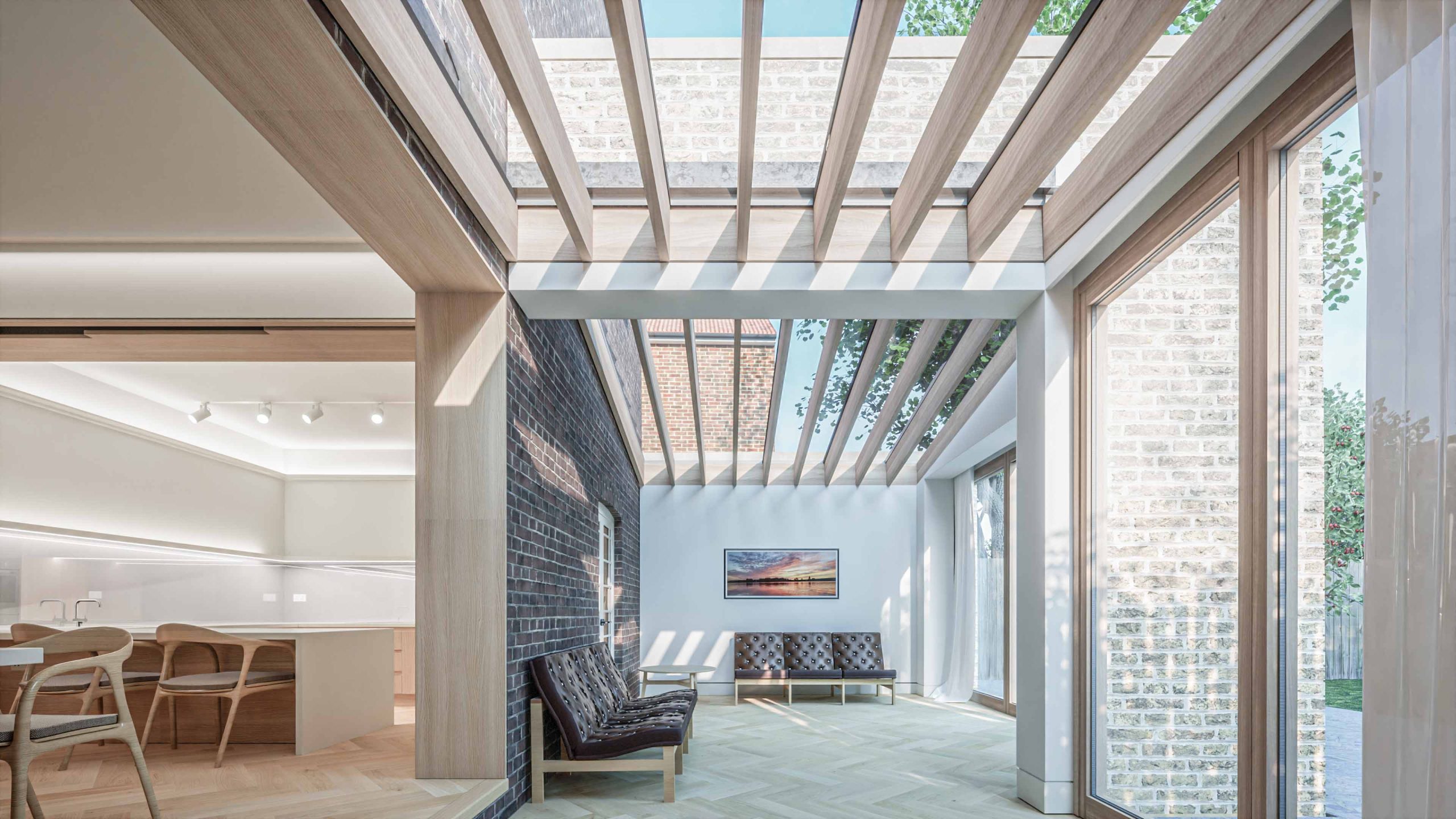 rear extension with timber doors, double pitch roof, exposed brick snug