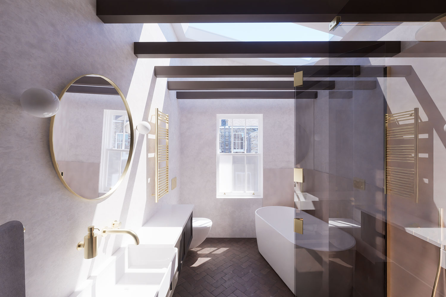 bathroom interior brass taps exposed beams polished plaster