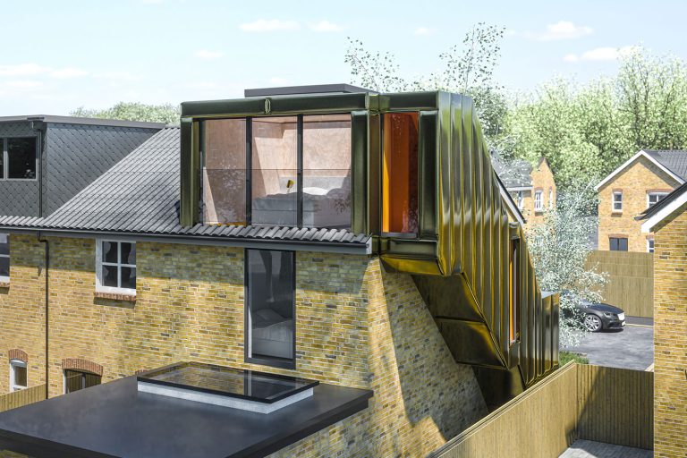 loft extension with side extension brass cladding glazed balcony