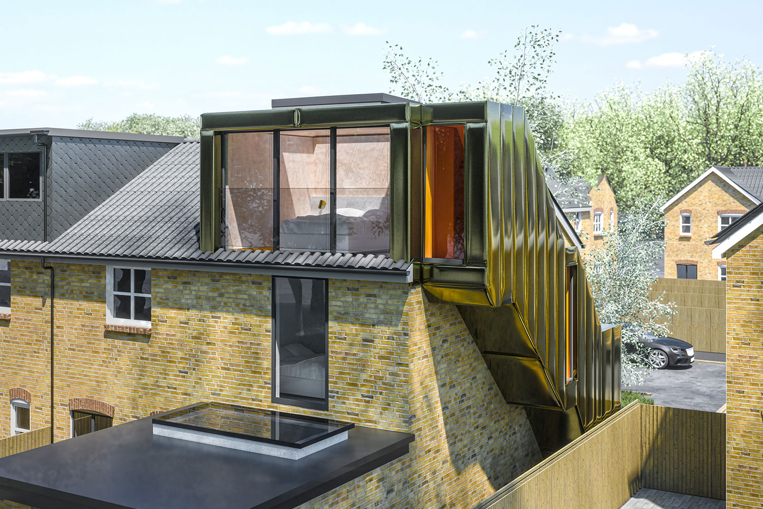 loft extension with side extension brass cladding glazed balcony