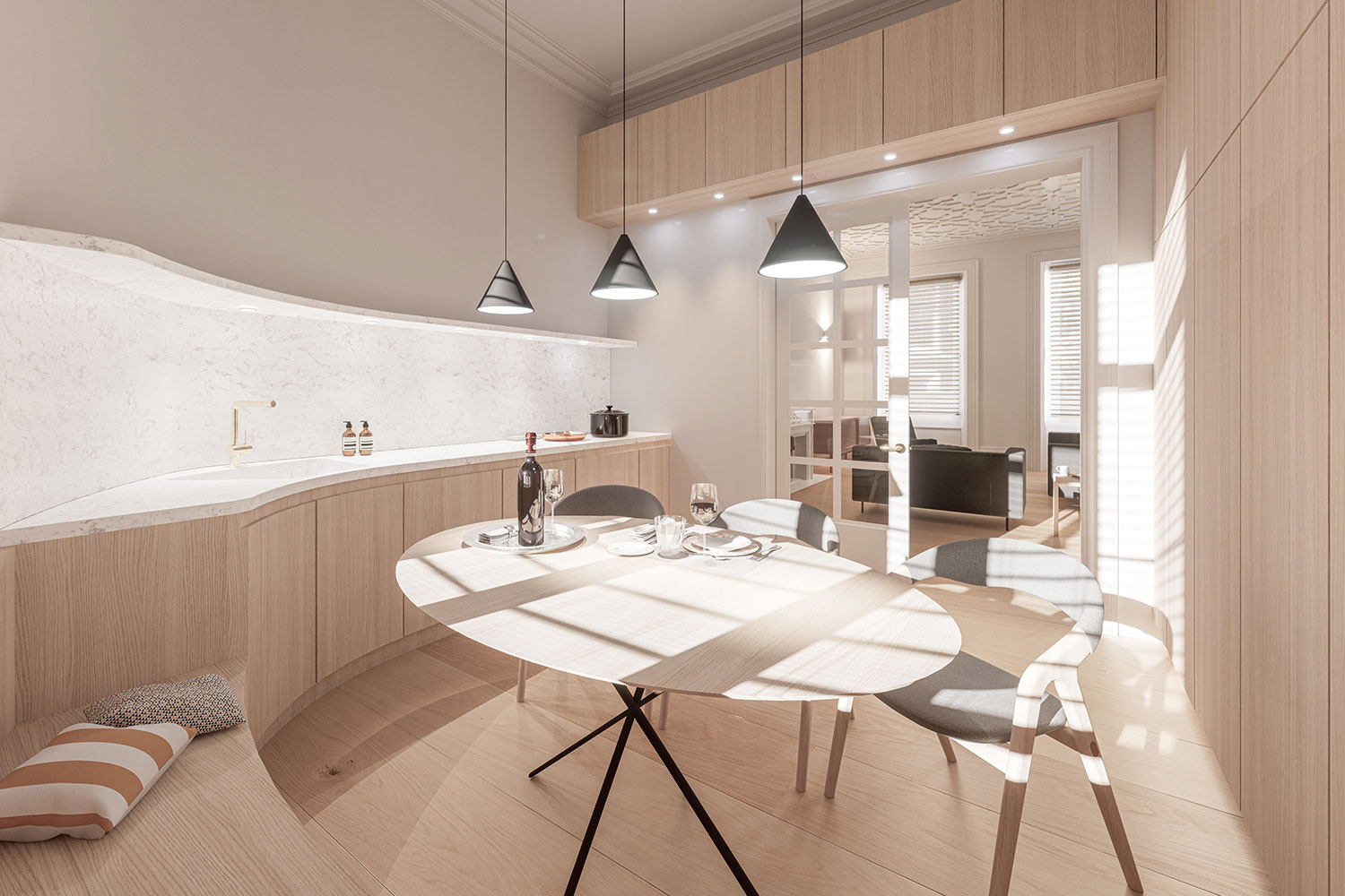 minimalist kitchen dining room, Grade II listed apartment west london