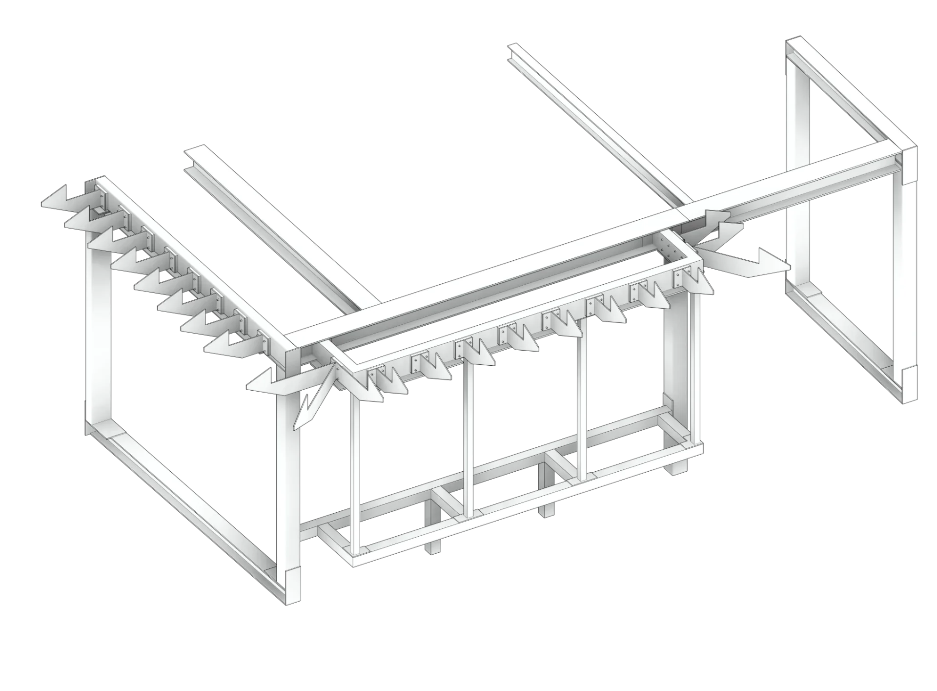A clean, black-and-white structural axonometric drawing of the Tooting House frame, showcasing a system of steel vertical columns, and a series of unique, fin shaped cantilevered brackets forming the canopy shade and hidden guttering.