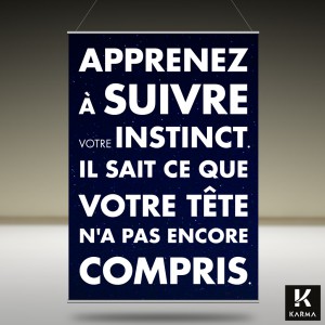 Citation Apprenez à suivre votre instinct. Il sait ce que votre tête n'a pas encore compris - Studio Karma - Graphic designer - Houston Humble Texas