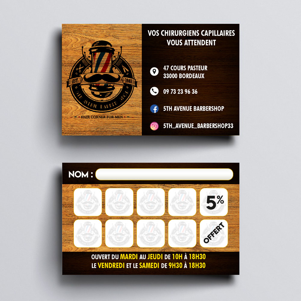 5th Avenue Barber Shop Loyalty Cards Design - Bordeaux - Coiffeur - Studio Karma - Graphic designer - Houston Humble Texas