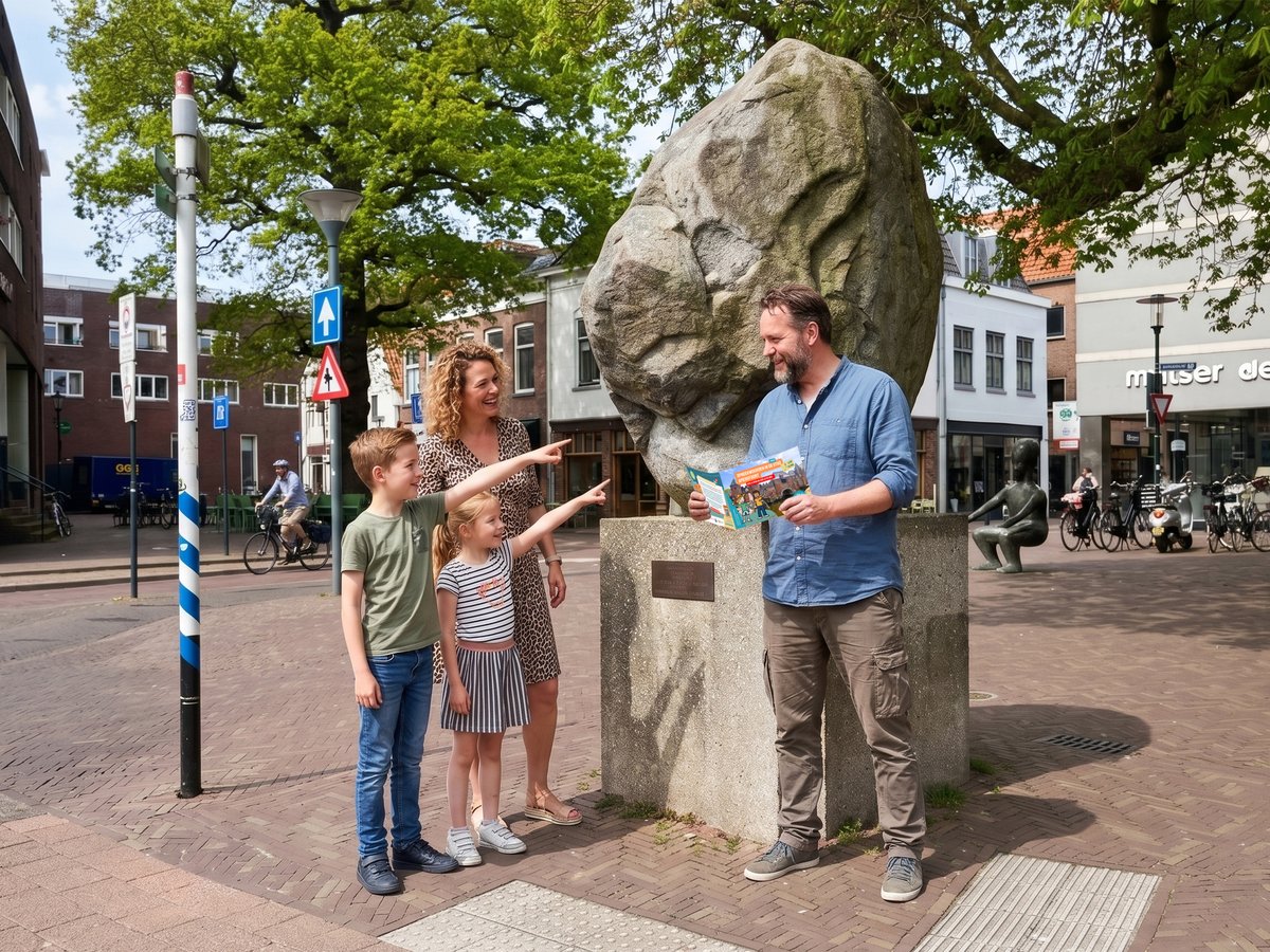 Gezin met twee kinderen wijst naar de Amersfoortse kei, met het routeboekje Spreekwoorden in de Stad Amersfoort in de hand