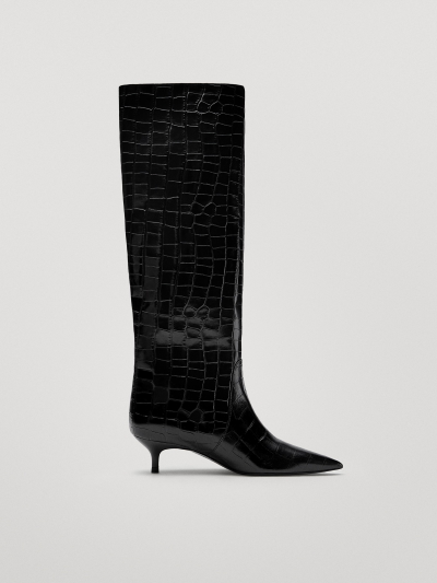 Massio Dutti - Black leather boots with a mid-heel and animal print
