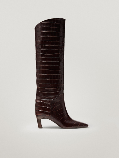 Massimo Dutti - Brown Croc Embossed Leather Boots