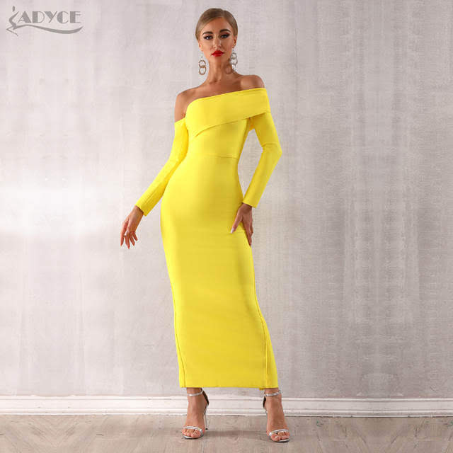 Adyce one shoulder long sleeve maxi dress in yellow – Stylish AP