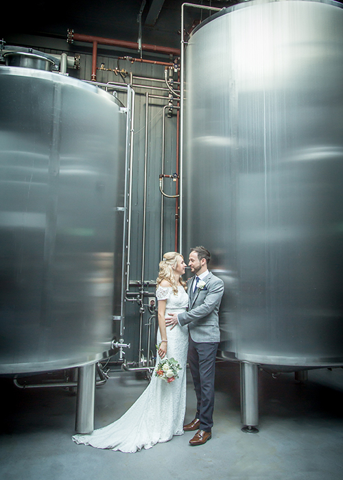 bride and groom in wylam brewery