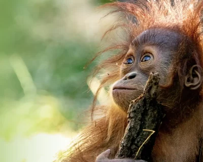 close up picture of cute orangutan baby in the jungle of Bukit Lawang, seen at the 3-day Jungle Trekking with the compagny Sumatra Orangutan Trekking