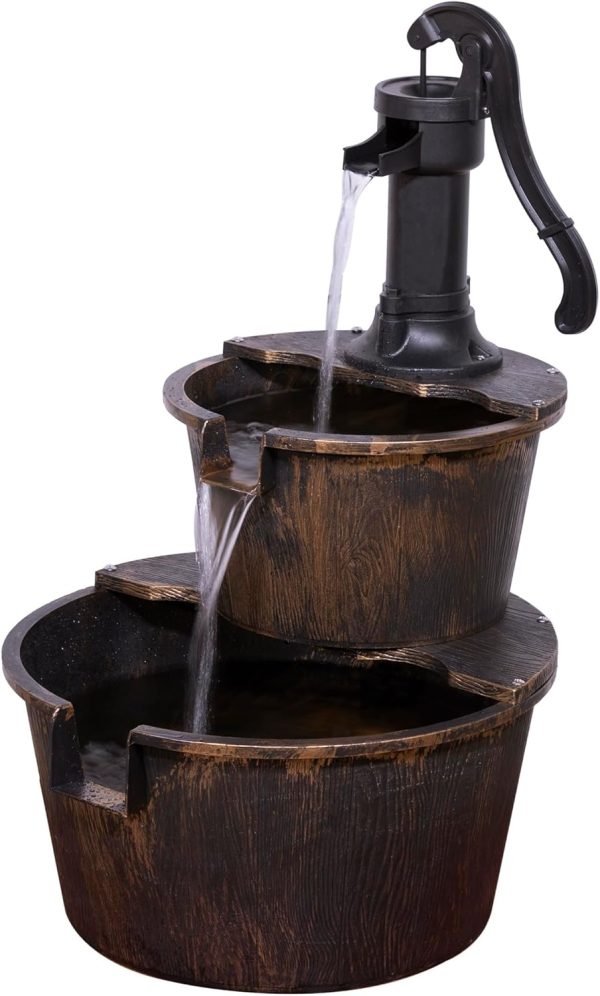 Alpine Corporation TIZ194BZ Outdoor Floor Rustic 2-Tiered Barrel and Pump Water Fountain, Old-Fashioned Fountain, 27", Bronze