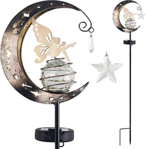 Garden Decor - Solar Moon Fairy Garden Light with Waterdrop & Star Charms, Waterproof Cool White Light, 34 inch Housewarming Gifts