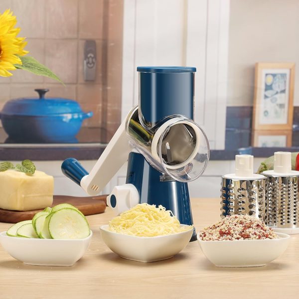 Cambom Rotary Cheese Grater Hand Crank Cheese Shredder for Fresh Cheese, Vegetable, Nuts,Non-slip Suction Base, Free Cleaning Brush Three Blades, Blue - Image 26