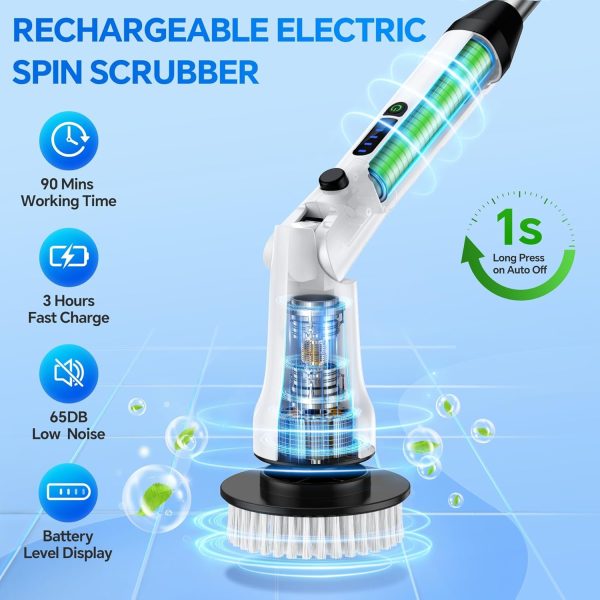 Electric Spin Scrubber with Long Handle, IPX7 Waterproof Cordless Electric Cleaning Brush, Shower Scrubber Bathroom Cleaner Brush with 7 Replaceable Brush Heads, 2 Speeds Scrubber for Floor Tile Tub - Image 3