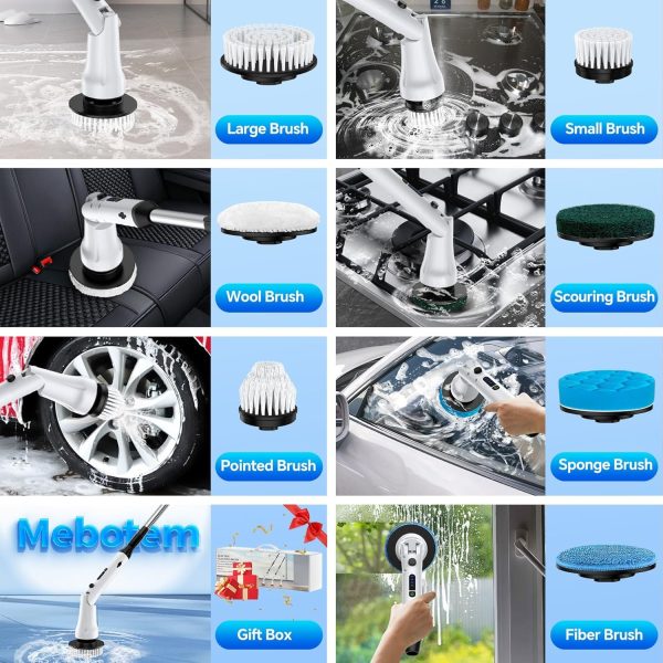 Electric Spin Scrubber with Long Handle, IPX7 Waterproof Cordless Electric Cleaning Brush, Shower Scrubber Bathroom Cleaner Brush with 7 Replaceable Brush Heads, 2 Speeds Scrubber for Floor Tile Tub - Image 8