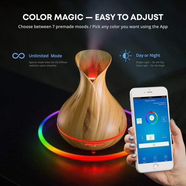 Smart WiFi Wireless Essential Oil Aromatherapy 400ml Ultrasonic Diffuser & Humidifier with Alexa & Google Home Phone App & Voice Control - Create Schedules - LED & Timer Settings Dark Brown - Image 10