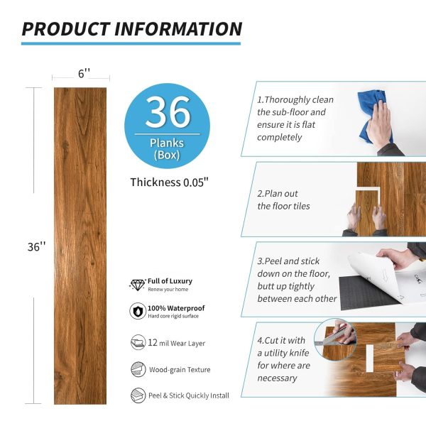 Art3d 36-pack 54 Sq.ft Peel and Stick Floor Tiles Vinyl Plank Flooring Wood Look, Adhesive and Waterproof Tile Sticker for Bedroom, Living Room, Kitchen, RV in Old Wood - Image 16