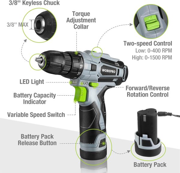 WORKPRO Cordless Drill Driver Kit, 12V Electric Screwdriver Driver Tool Kit, 3/8" Keyless Chuck, Charger and Storage Bag Included - Image 4