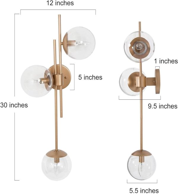 Gold Bathroom Sconces Wall Lighting, Modern Wall Sconce with Globe Clear Glass Shade, 3-Light Vanity Light Fixtures Over or Beside Mirror for Bedroom, Living Room, Kitchen and Hallway - Image 6