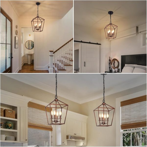 4 Light Chandelier, Industrial Ceiling Light Black Lantern Light Fixtures with Farmhouse Metal Cage Adjustable Height Rustic Geometric Hanging Light E12 Base for Kitchen Island, Entryway, Indoor - Image 39