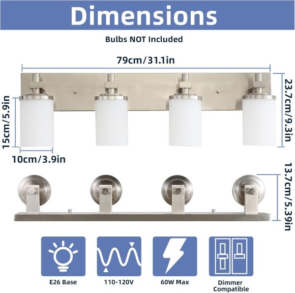 LOUSACE Bathroom Light Fixtures Over Mirror Brushed Nickel, 6 Light Bathroom Vanity Lights, Modern Bathroom Lighting with Opal White Glass Shades, Wall Sconces Fixture Vanity Lighting for Bathroom - Image 24