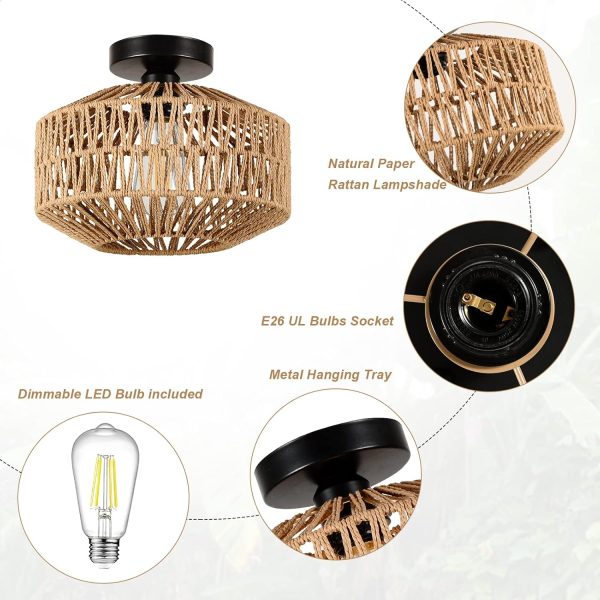 Boho Light Fixtures Ceiling Mount,Mini Rattan Chandelier Light Fixture with Dimmable LED Bulb,Hand Woven Ceiling Light Fixtures Flush Mount for Hallway Bedroom Kitchen Entryway Living Room - Image 8