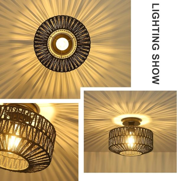 Boho Light Fixtures Ceiling Mount,Mini Rattan Chandelier Light Fixture with Dimmable LED Bulb,Hand Woven Ceiling Light Fixtures Flush Mount for Hallway Bedroom Kitchen Entryway Living Room - Image 22