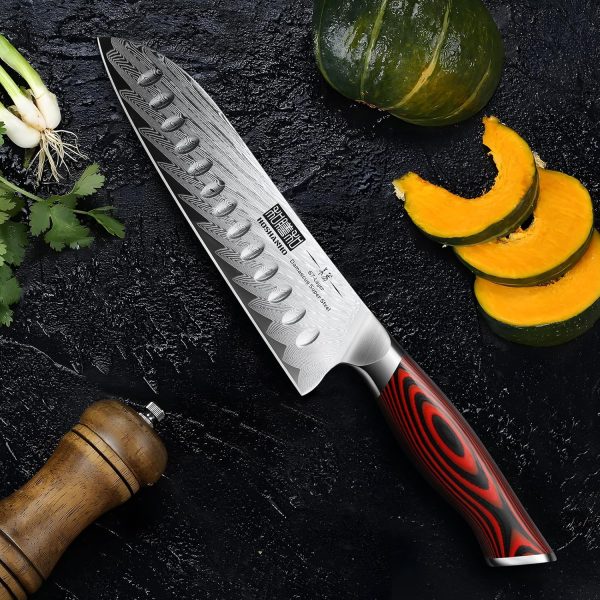 Damascus Santoku Knife, 7 Inch Professiona Kitchen KnifeVG-10 Damascus Steel Ultra-Sharp Santoku Chef Knife with Ergonomic G10 Handle - Image 8