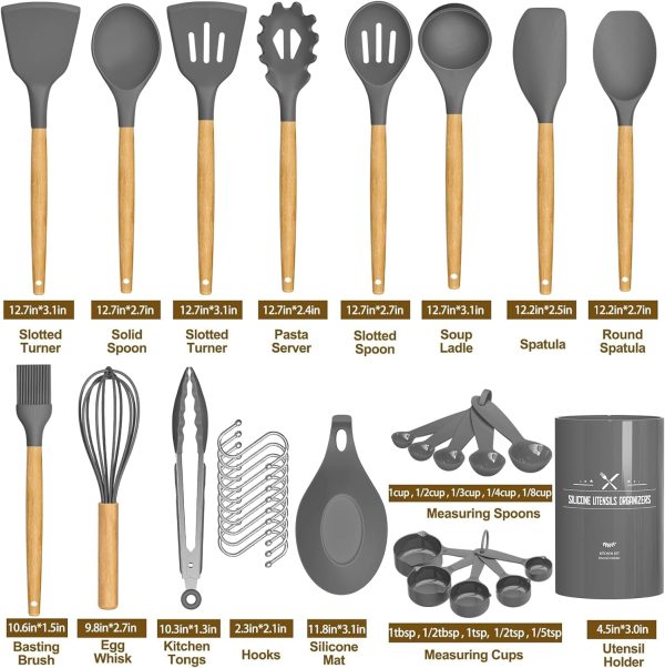 Umite Chef Kitchen Cooking Utensils Set, 33 pcs Non-Stick Silicone Cooking Kitchen Utensils Spatula Set with Holder, Wooden Handle Silicone Kitchen Gadgets Utensil Set (Khaki) - Image 13