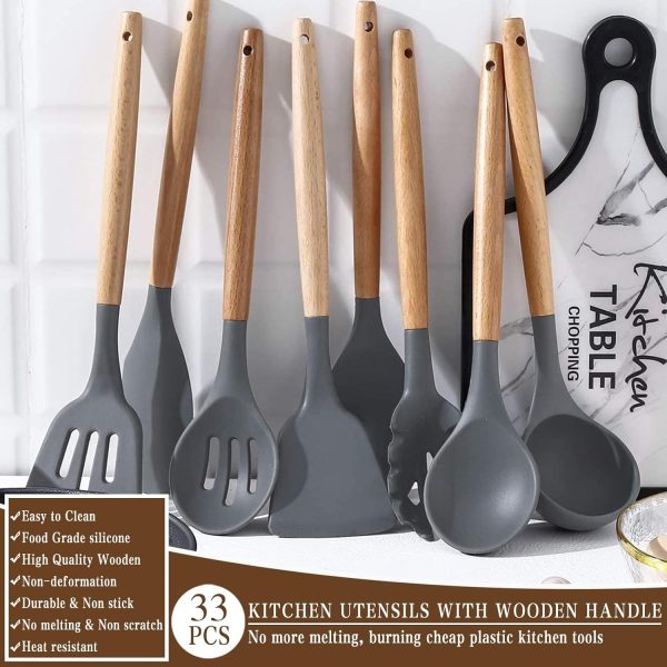 Umite Chef Kitchen Cooking Utensils Set, 33 pcs Non-Stick Silicone Cooking Kitchen Utensils Spatula Set with Holder, Wooden Handle Silicone Kitchen Gadgets Utensil Set (Khaki) - Image 14