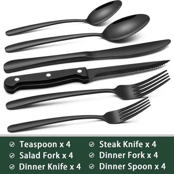 24-Piece Black Silverware Set with Steak Knives, Black Flatware Set for 4, Food-Grade Stainless Steel Tableware Cutlery Set, Mirror Finished Utensil Sets for Home Restaurant - Image 21