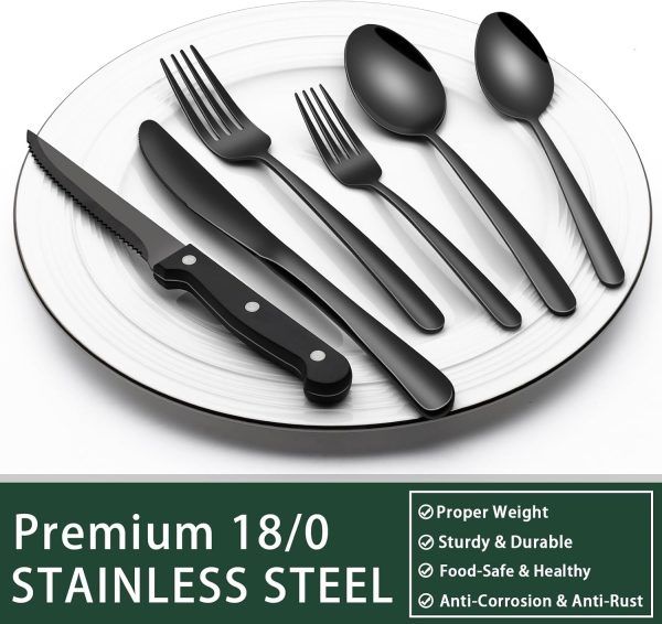 24-Piece Black Silverware Set with Steak Knives, Black Flatware Set for 4, Food-Grade Stainless Steel Tableware Cutlery Set, Mirror Finished Utensil Sets for Home Restaurant - Image 24