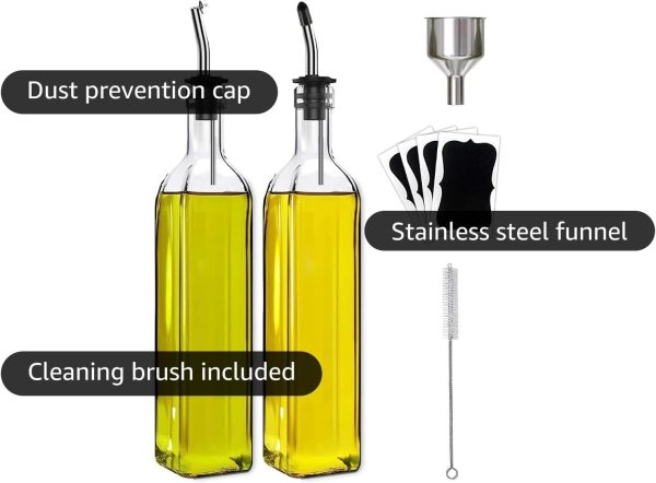 Olive Oil Dispenser Bottle, 2 Pcs Glass Olive Oil Dispenser and Vinegar Dispenser Set with 2 Stainless Steel Pourers, 4 Labels,1 Brush and 1 Funnel Oil Bottles for Kitchen (500ml) - Image 5