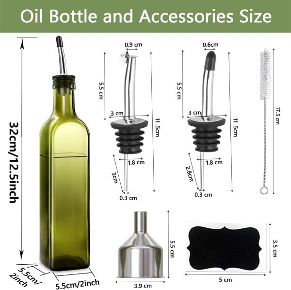 Olive Oil Dispenser Bottle, 2 Pcs Glass Olive Oil Dispenser and Vinegar Dispenser Set with 2 Stainless Steel Pourers, 4 Labels,1 Brush and 1 Funnel Oil Bottles for Kitchen (500ml) - Image 11