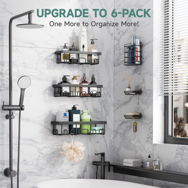 Veken Adhesive Shower Caddy 6-Pack, Large Capacity Bathroom Organizers and Storage, Rustproof Shelves Rack with Soap Holder, No Drilling Wall-Mounted Kitchen & Home Decor, Bath Decor&Essentials, Black - Image 7