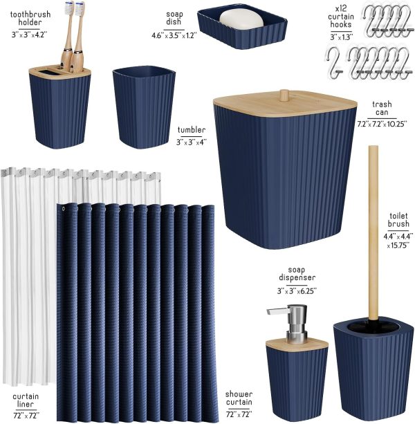 Clara Clark Bathroom Accessories Set - Bathroom Set, 20PC Bathroom Accessory Set, Black Shower Curtain Set, Toilet Brush, Trash Can & Soap Dispenser - Image 96