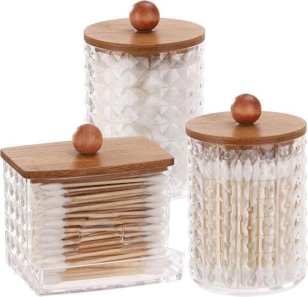 Tbestmax Qtips Holder Bathroom Container, 10/7 OZ Cotton Ball/Swabs Dispenser, Apothecary Jar Organizer for Storage Brown Wood Lids - Image 16