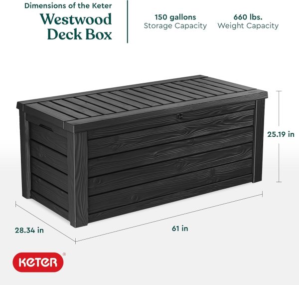 Keter Outdoor Storage Deck Box, 150 Gallon Resin Patio Bin & Bench, Wood Grain, Brown - Image 16
