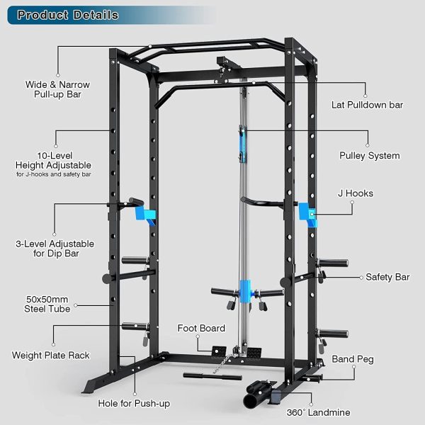 Power Cage, Multi-Functional Power Rack with J-Hooks, Dip Handles, Landmine Attachment and Optional Cable Pulley System for Home Gym - Image 11