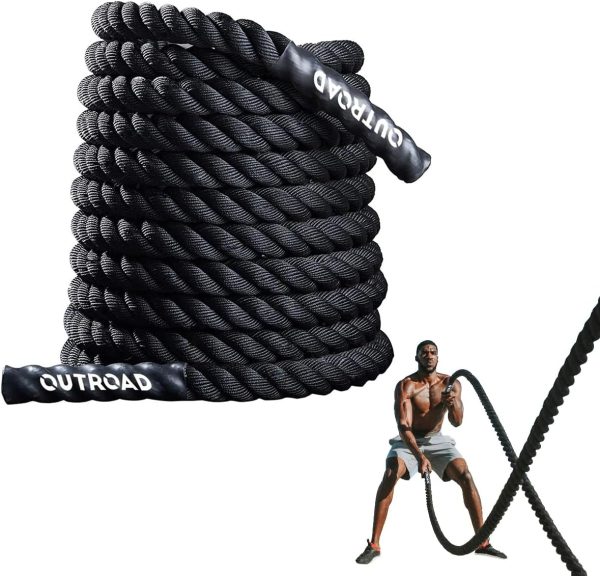 Outroad Battle Rope, 1.5" Diameter 30ft Poly Dacron Workout Exercise Training Heavy Rope, Workout Equipment for Crossfit Training Home Gym & Fitness Exercises, Black and Pattern