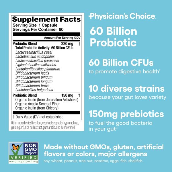 Physician's CHOICE Probiotics 60 Billion CFU - 10 Strains + Organic Prebiotics - Immune, Digestive & Gut Health - Supports Occasional Constipation, Diarrhea, Gas & Bloating - for Women & Men - 60ct - Image 7