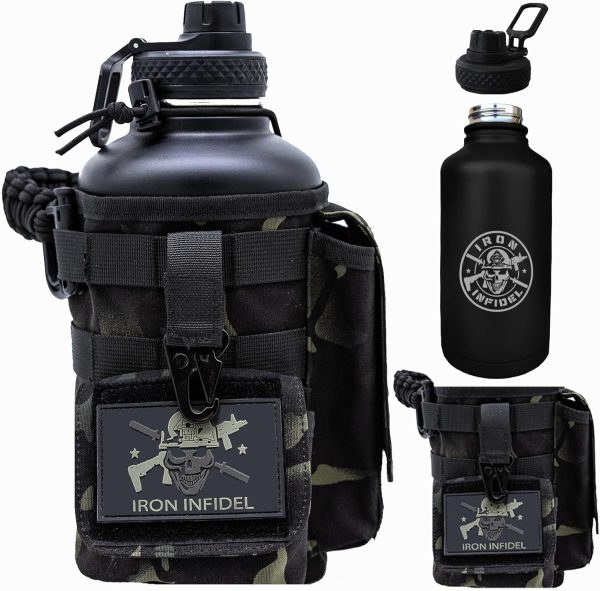 Iron Infidel Battle Bottle - 32 Oz Insulated Water Bottle with Straw Lid & Chug Cap, Stainless Steel Metal Tactical Flask With Rugged, Removable Sleeve for Keys & Phone or Wallet (OCP Camo 1 Liter) - Image 126