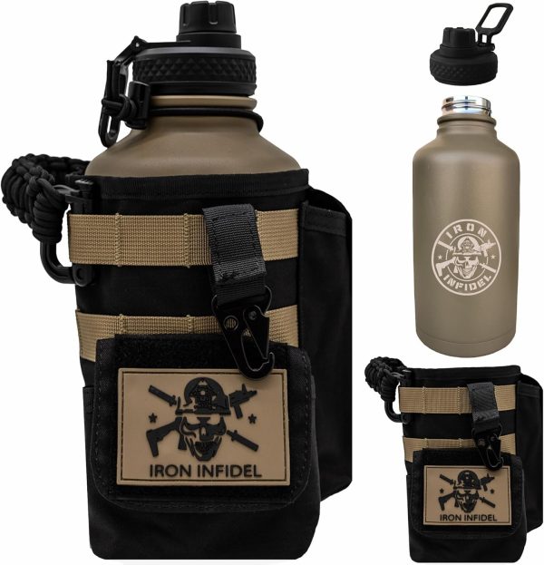 Iron Infidel Battle Bottle - 32 Oz Insulated Water Bottle with Straw Lid & Chug Cap, Stainless Steel Metal Tactical Flask With Rugged, Removable Sleeve for Keys & Phone or Wallet (OCP Camo 1 Liter) - Image 133