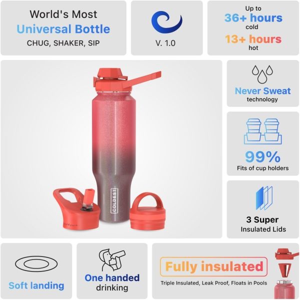 COLDEST Sports Water Bottle - 3 Lids (Chug Lid, Straw Lid, Handle Lid) Tumbler with Handle on Lid Water Bottles Cup Vacuum Insulated Stainless Steel, Fits Cirkul Lid (36 oz, Red Nebula Glitter) - Image 50